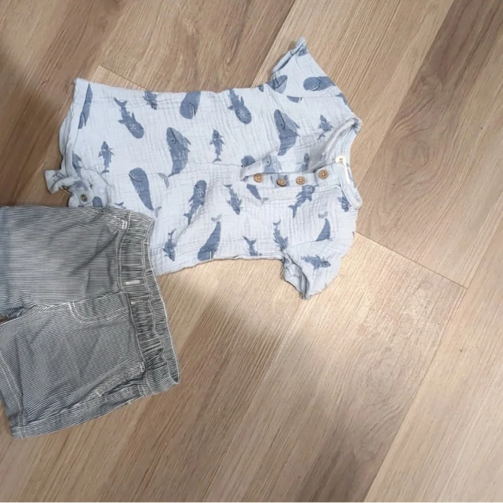 set little boy's rabbit and bear organic button romper and okie dokie shorts